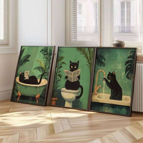 Set of 3 funny bathroom black cats mural canvas prints, vintage animal toilet posters, interior wall art, home decor, unframed 26Y0224
