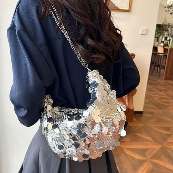 Korean Chain Sequins Crossbody Bag Evening Clutch Bag Dinner Party Wedding Purses Handbag Female Underarm Shoulder Crossbody Bag 260207BJ