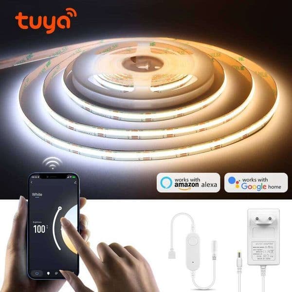 Tuya Smart WiFi Switch COB CCT Strip Light 3M 5M 24V Power Adapter EU/US Plug Dimmable Lamp LED Tape for Room Kitchen Decor 26H0224