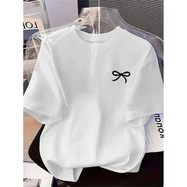 New Women's Black Bow Printed Simple Style Casual Fashion Short Sleeve T-shirt Soft Comfortable Summer Women Clothing C260224