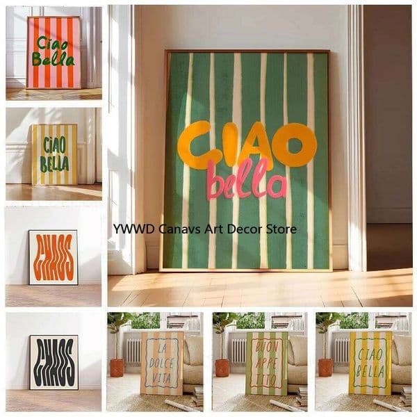 Ciao Bella Sage Green Striped Canvas Print Italy La Dolce Vita Quotation Wall Art Poster for Modern Living Room Y2k Home Decor 26L0224