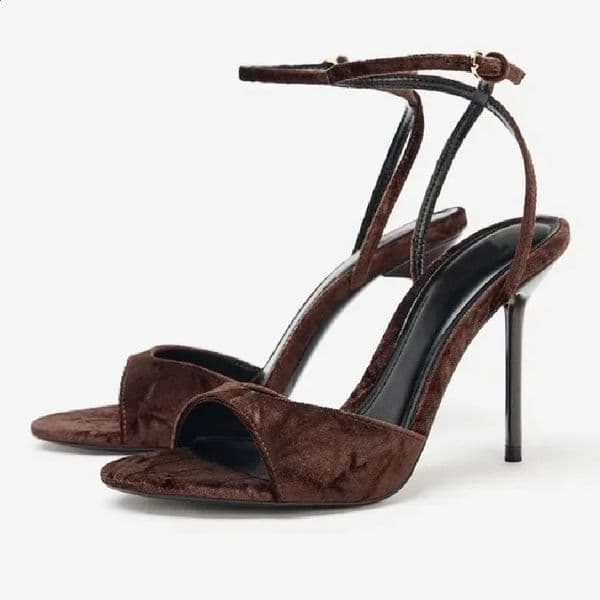ner Brown Velvet Open Toe Heeled Sandals Women Sexy Ankle Strap Buckle Slingback High Heels Elegant Banquet Dress Shoes 260208BJ