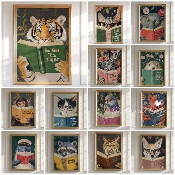 Whimsical Tiger Reading Canvas Print Poster Motivational Funny Animal Abstract Prints Living Room Office Wall Art Home Decor 26L0224