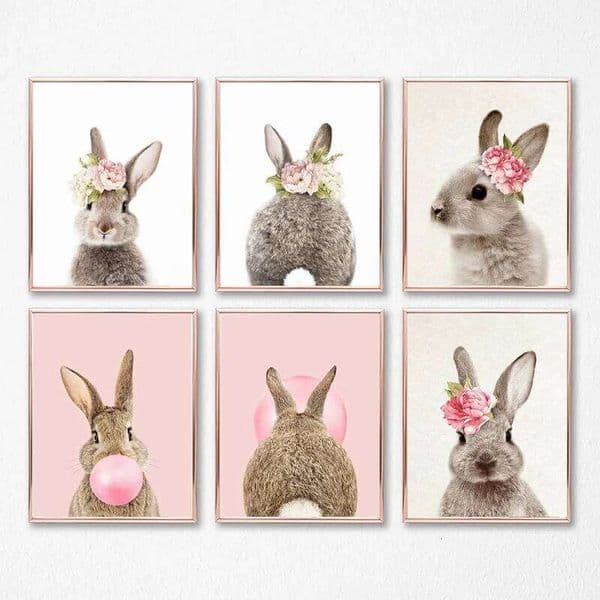 Girls Bedroom Decor Bunny Rabbit Nursery Wall Art Canvas Poster and Print Watercolor Flowers Animal Painting Pink Roses Picture 26Y0224