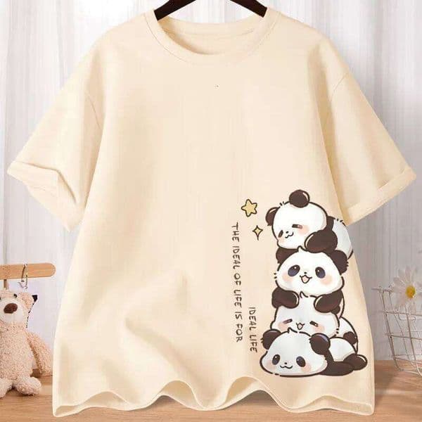 Summer Cartoon Cute Treasure Panda Sweet Printed Short Sleeve T-shirt Women's Loose Leisure Soft Bottom Oversized Shirt Top C260225