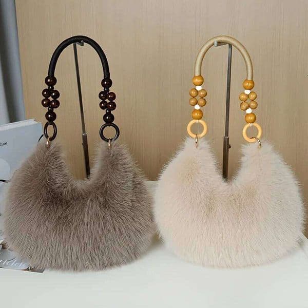 Women's Handbag, Plush Faux Tote Purse with Bead Accented Strap, Zipper Closure Elegant Handbags Shoulder Bags for Everyday H260225