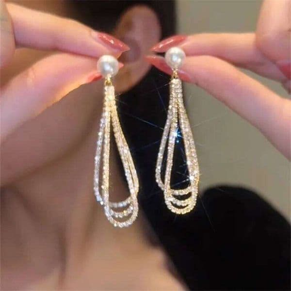 Korean Long Tassel Pearl Dangle for Women Luxury Full Rhinestone Gold Color Drop Earrings Wedding Party Jewelry Gift J260225