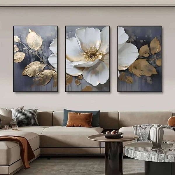 3pcs Modern Abstract Floral Wall Art Prints, Golden and White, Frameless High-Definition Posters for Living Room, Bedroom, Study 26H0225