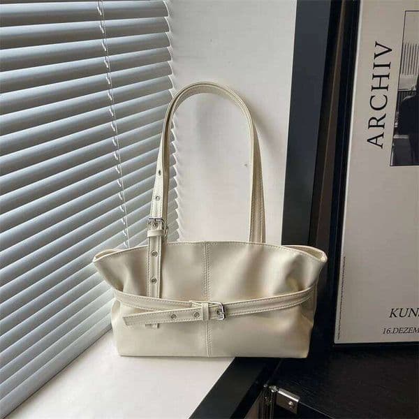 Autumn Retro Belt Design PU Shoulder Bags for Women Large Capacity Simple Ladies Tote Bag Solid Color Versatile Female Handbags Z260224