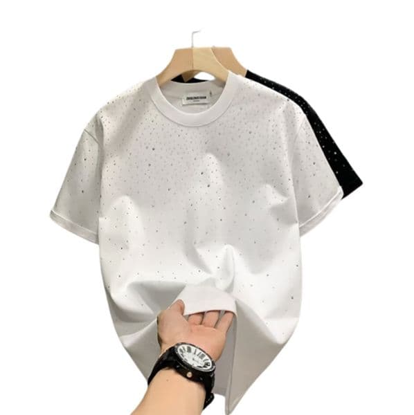 Summer Men Clothing Summer Rhinestone Rivet T-shirt Round Neck Casual T-shirt Korean Version Men's Short Sleeves Tee