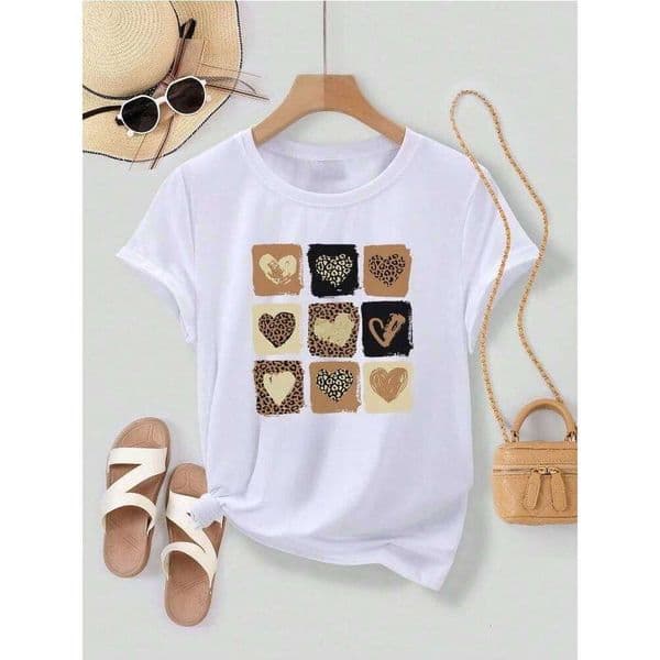 Fun, Minimalist, Stylish Heart-Shaped and Letter Print Short-Sleeve Patterned T-Shirt Women's Cotton Top H260225