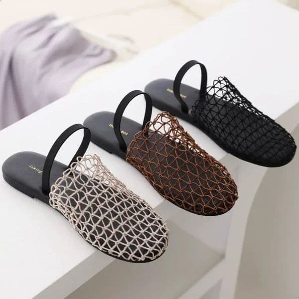 Baotou Fishing Net Flat Shoes Summer Breathable Mesh Hollow Comfortable Soft Sole Sandals Non Slip Lightweight Slippers 260206