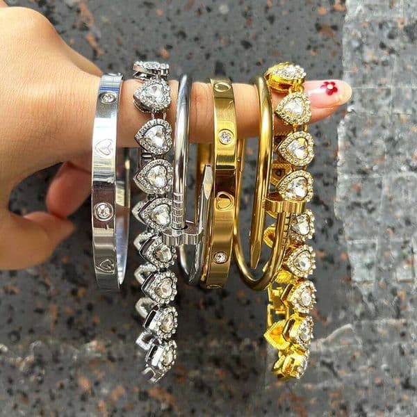 ZAKOL 3Pcs/Set Shiny Heart-shaped Rhinestone Stainless Steel Bracelet Hip-hop Rock Fashion Stackable Bangles Jewelry XJ260224