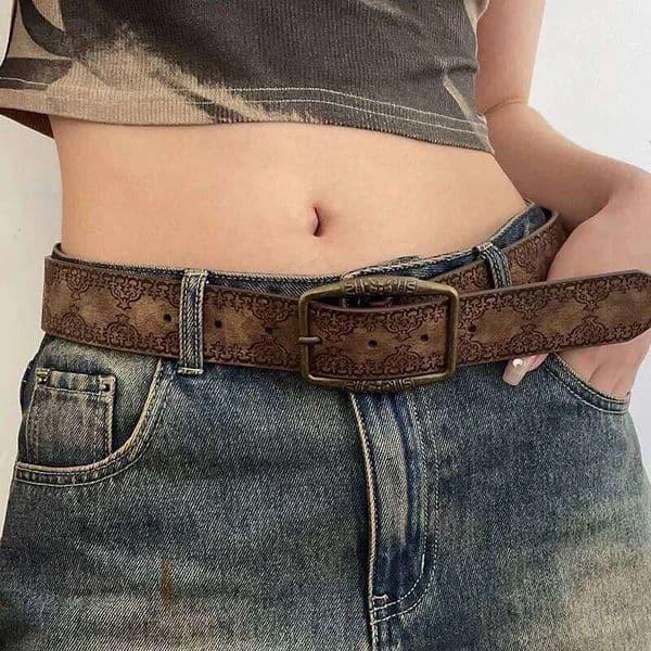 Pattern Print Retro Y2K Belts for Women Luxury Designer Brand Buckle Pin Waist Belt Female Pu Leather Hip Hop Fashion Waistband Y260225