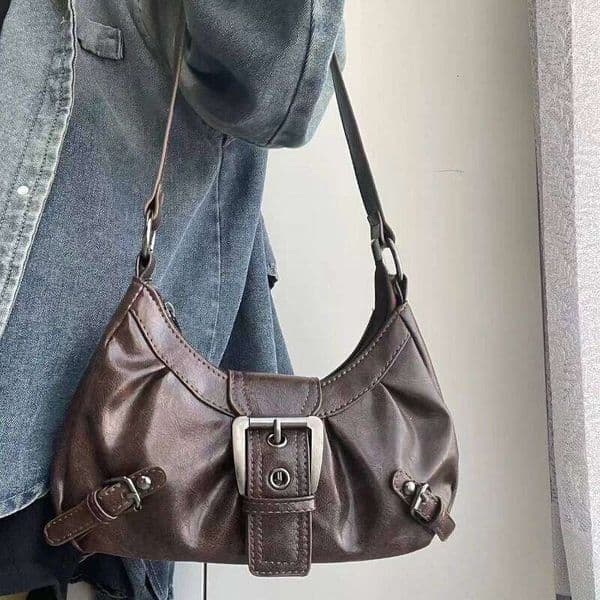 Vintage Maillard Style Women's Shoulder Bags Y2K Hot Girls Underarm Bag Cool Pu Leather Ladies Handbags Female Tote Purse H260225