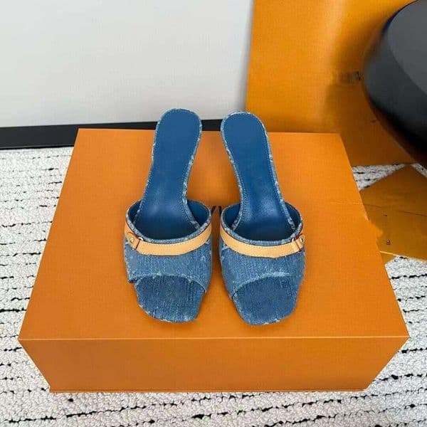Women's Stiletto Heel Mules Open Toe Slip On Sandals White Canvas Buckle Strap Casual Summer Beach Shoes