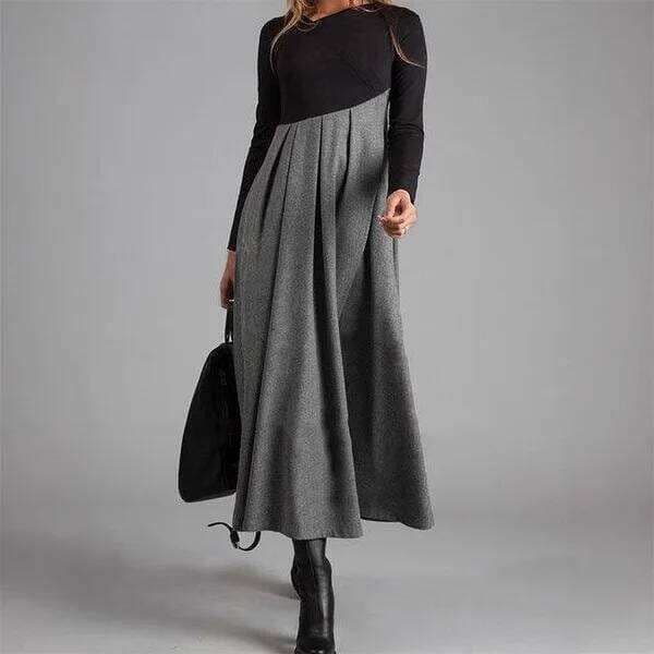 Female Clothing Dresses For Woman 2026 Spring New Woolen Contrast Color V-Neck Sleeve Splicing Swing Long Dress Robe XJ260225