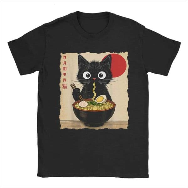 Anime Ramen Japanese Funny Cat 100% Cotton T-Shirt For Men Beach Y2K Casual T Shirts O Neck Harajuku Tees Hot Sale Clothing C260225