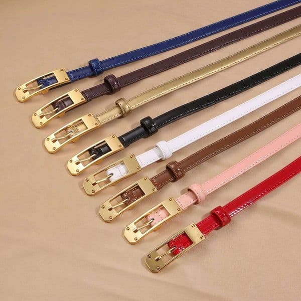 Women Leather with Gold Metal Buckle Adjustable Thin Belts Ladies Fashion Skinny Belt for Jeans Pants & Dresses Y260225