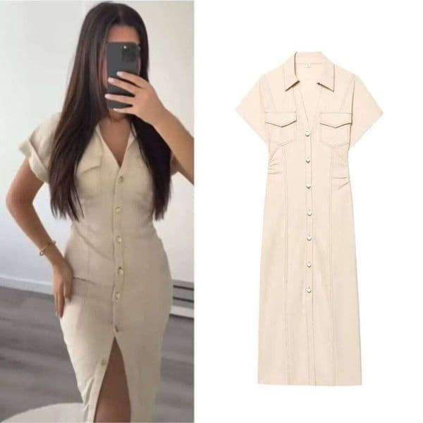 ETJ 2025 summer new women's elegant fashion waist pleated V-neck short-sleeved temperament denim MIDI dress XJ260225
