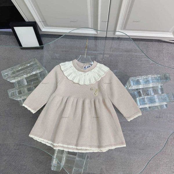 Fashion newborn bodysuit Long sleeves toddler skirt Recessed lapel design infant jumpsuits Knitted dress A144X04N079