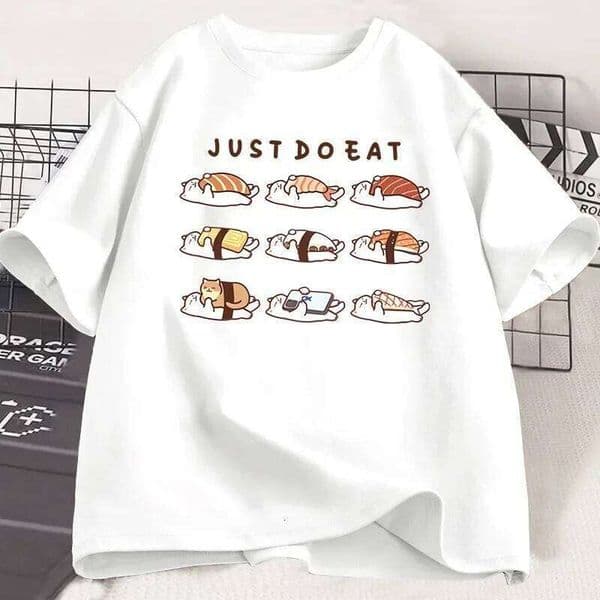 Funny Cat Sushi Pattern Cute Cartoon Print T-Shirt Fashion Unisex Crew Neck Women's Apparel Streetwear H260225