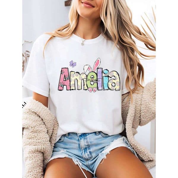 Bunny Print Amelia Name t Shirt Easter Women Casual Outfit White Plus-Size C260225