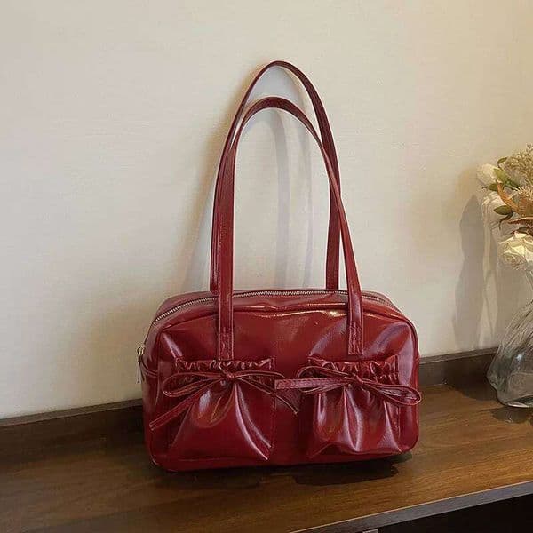 Sweet Bow Pleated Design Women Shoulder Bags Double-pocket Large Capacity Ladies Underarm Bag Solid Color Female Handbags Tote H260225