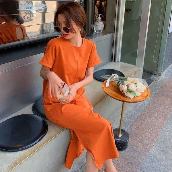 Casual Backless T Shirt Summer New Round Neck Short Sleeve Solid Color Loose Midi Dress Fashion Trend Women Clothing XJ260225