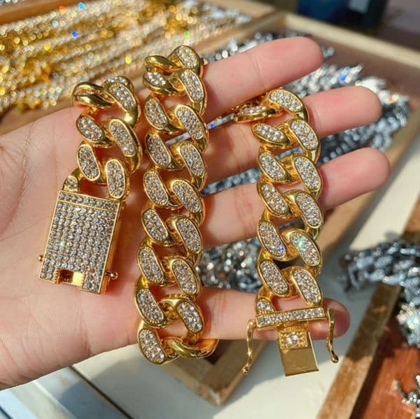 Mens Gold Iced Out Miami Cuban Link Chain Bracelets Necklace 2cm Hip Hop Bling Chains Jewelry