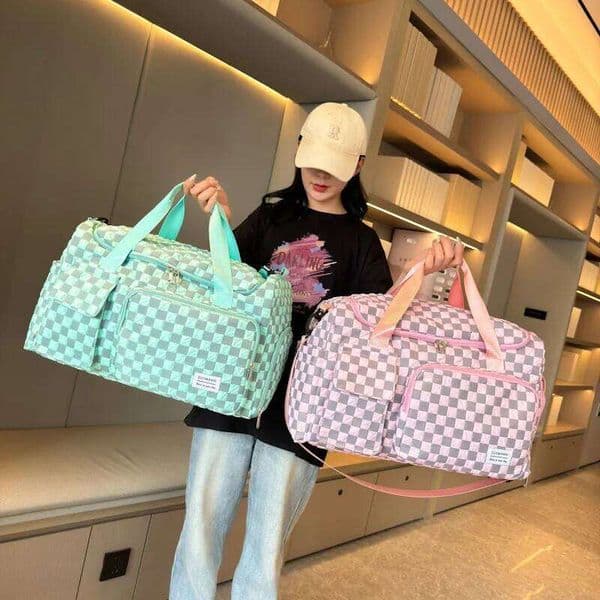 Fashion Large Capacity Checkerboard Pattern Duffle Handbag, Lightweight Travel Luggage Storage Bag, Portable Sports Fitness Bag Y260225