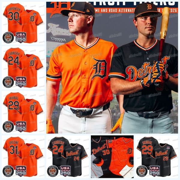 Tiger 2026 New Orange USA 250 Patch Baseball Jersey Tarik Skubal Matt Vierling Riley Greene Kerry Carpenter Torkelson McKinstry Baez Al Kaline Miguel Cabrera
