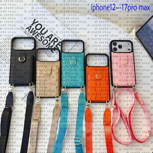 Luxury Phone Case Designer iPhone Case for iPhone 17 Pro Max 16 Pro Max 15 Pro 14 13 12 11 15 Plus 16 Plus Case Card Slot Holder Wallet Cross body Leather Phonecase Straps