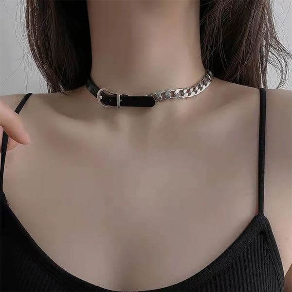 Kpop Black Leather Choker Stainless Steel Cuban Clavicle Chain Collar For Women Goth Ladies Jewelry Wholesale 260208CJ