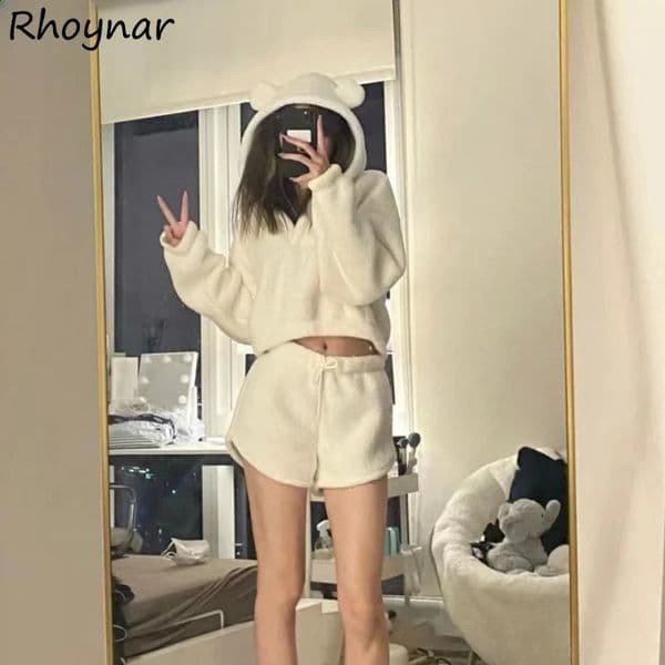 Short Sets Women Two Pieces with Hat Hoodies Bear Ear Solid Plus Velvet Thicker Crop Tops Lace Up Trendy Sweet Girls Cozy 250203BJ