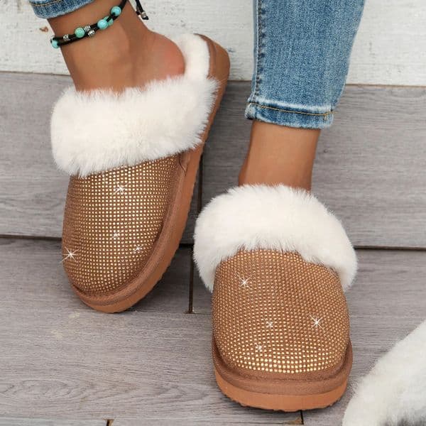 Womens winter leisure warm comfortable soft plush home slippers fashionable rhinestone decoration and EVA non-slip sole 260124BJ