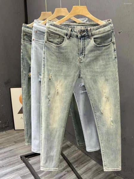 Men's Jeans Slim Fit Spring Summer Sle Trendy Casual Mid Waist Long Pants Hand Scraped Distred Small Straight Foot