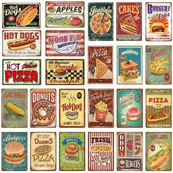 Hot Dogs Burgers Pizza Bar Wall Decoration Tin Sign Vintage Metal Signs Home Decor Painting Plaques Art Poster YJ173 26L0226