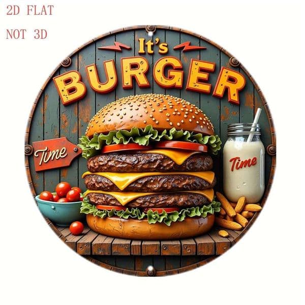 2D Flat, 1pc Vintage & Milkshake Metal Wall Art-8 Inch Round Aluminum Sign with "It'S Burger Time" Text, Retro Cafe Decor 26L0226