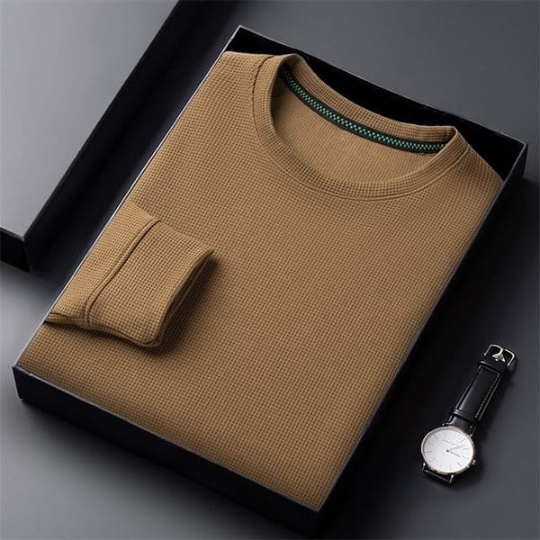Mens Casual Waffle Round Neck T-shirt Breathable Comfortable and Fashionable Long Sleeved T-shirt 260118CJBJ