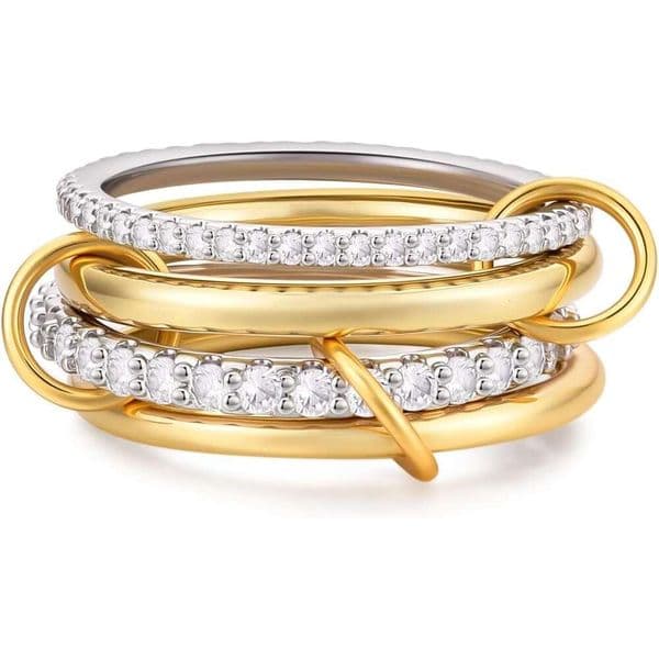 14K gold-plated interlocking stackable women that do not tarnish, gold and silver cubic zirconia statement ring set, mixed metal rings with two-tone connectors
