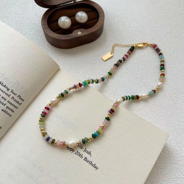 Natural stone womens collar ultimate cool childrens strand semi face bead antique gold-plated necklace 241017