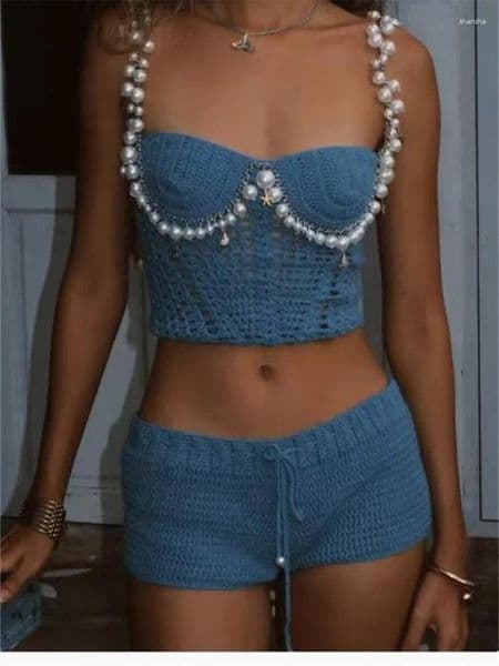 Women's Tracksuits Nibber Knit 2piece Set Women Pearl-Five-Pointed Star Chain Embellishment Low-Neck Tops Lace-Up Shorts Sexy Hollow