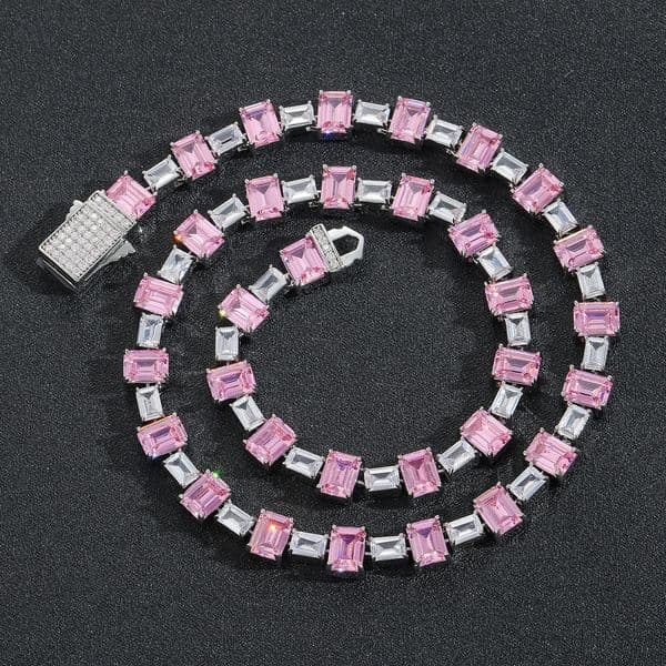Pink Color Block Square Simple Tennis Personality Zircon Clavicle Chain Hip Hop Trendy Brand Necklace