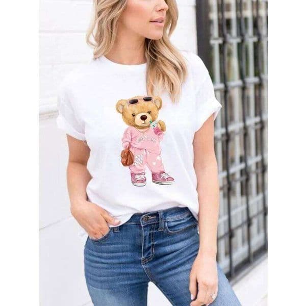 Women's Fun Cartoon Milk Tea Print Round Neck Short-sleeved T-shirt Tops Teddy Bear Oversized T Shirt C260226