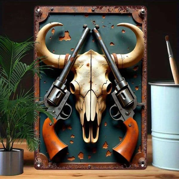 Rustic Western Cowboy Skull & Revolvers Metal Wall Art Vintage Iron Tin Sign for Bar Cafe Beach House Garden Party Lounge Decor 26L0226