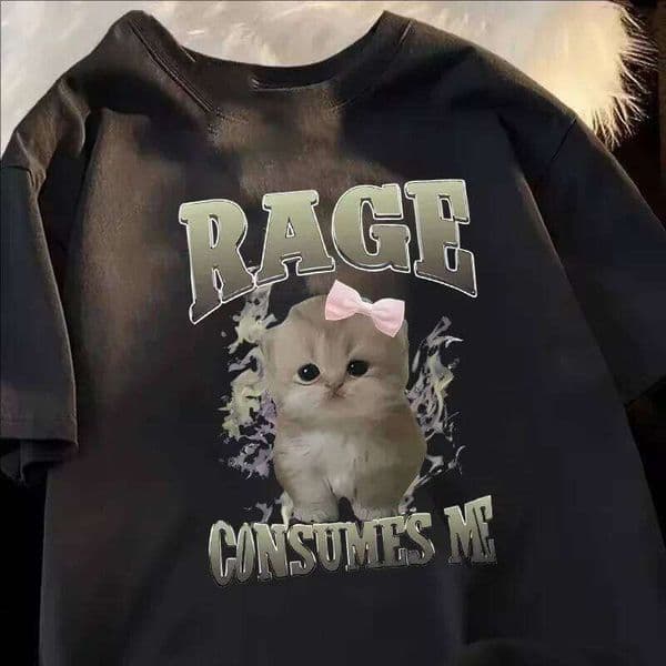 Rage Consumes Me Funny Cat Meme Printed T-shirt Women Fashion Kawaii Casual Loose T-shirts O-Neck Short Sleeve Tee Shirt Y2K Top C260226
