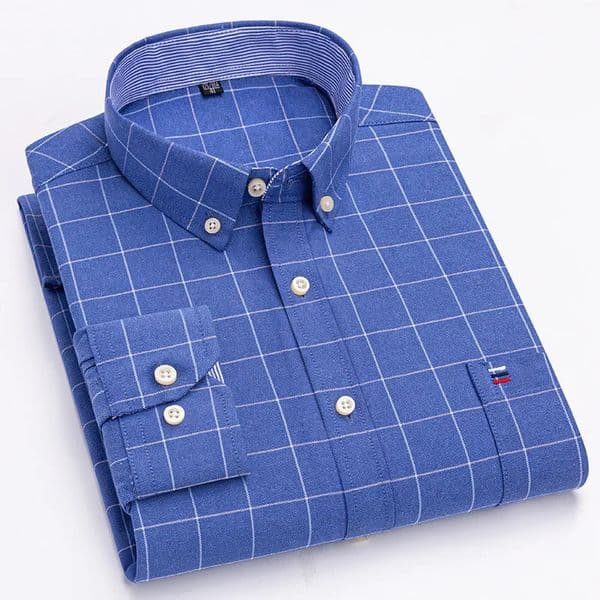 Mens 100 Cotton Long Sleeve Button Down Check Shirt Single Chest Pocket Work Casual Standardfit Plaid Striped Oxford Shirts 260129BANJIA