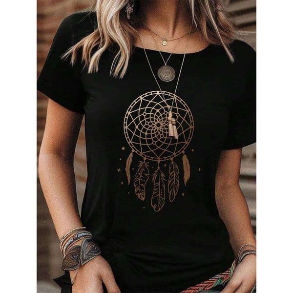 Dreamcatcher Printed O-neck Summer Daily Casual Short-sleeved Top Outdoor Street Women's Fashion T-shirt C260226