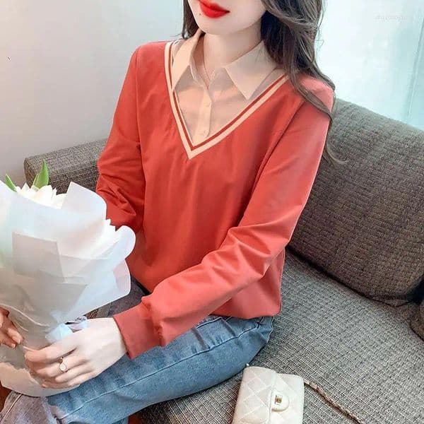 Women's Polos Chic Polo Collar Long Sleeve Pseudo Two Piece Tee Loose Oversized Lazy Style Layering Top For Autumn Winter 2026